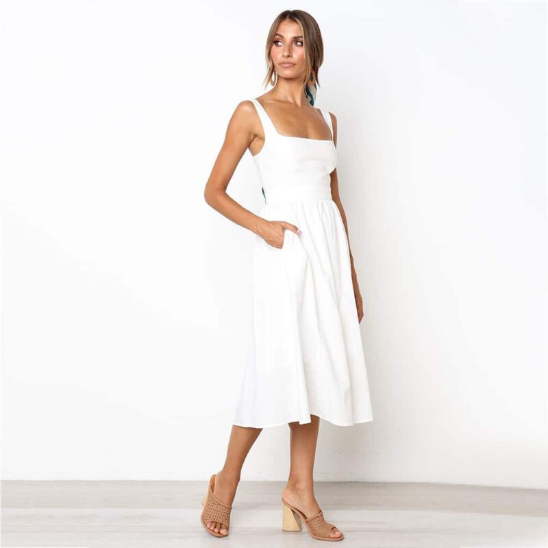 Robe Trapèze Longue Décontractée Blanche Unie – Image 2