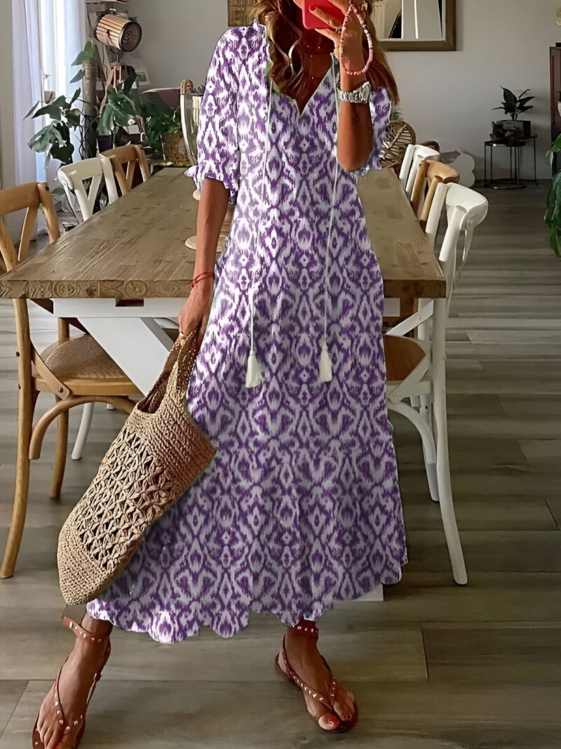 Robe Longue été Femme - Coupe Ample, Manches Trois-quarts, Poches, En Tissu Fluide, Pour Plage Ou Vacances