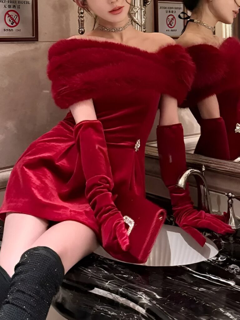 Robe De Noël Femme Grande Taille - Col En V Duveteux, Coupe A, Rouge Vif - Idéale Pour Soirée, Cocktail, Fêtes